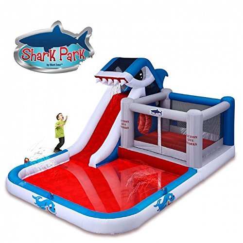Blast Zone Shark Park - Inflatable Water Park Bouncer with Blower - Climbing Wall - Slide - Splash Area - Huge